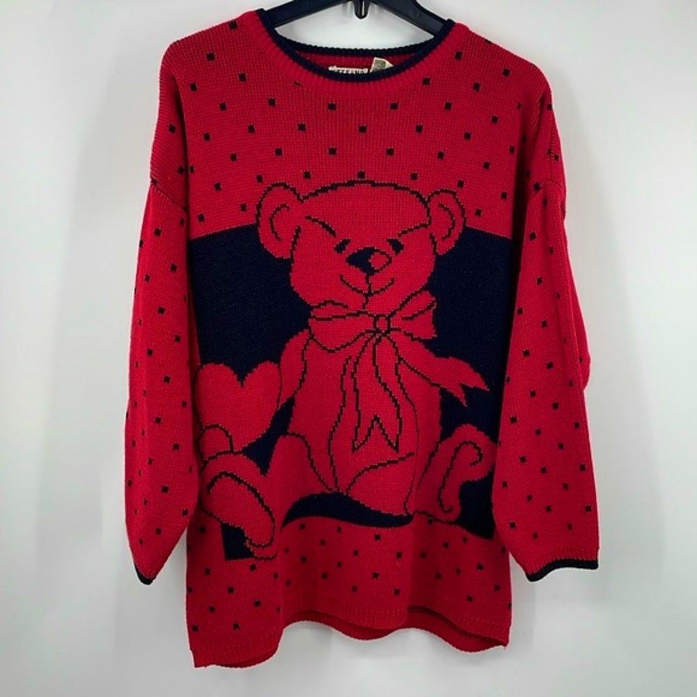 Vintage 90s Stefano International Teddy Bear Heart Sweater Size Oversized Large